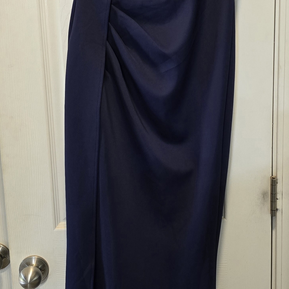 Elegant One-Shoulder Navy Draped Evening Gown